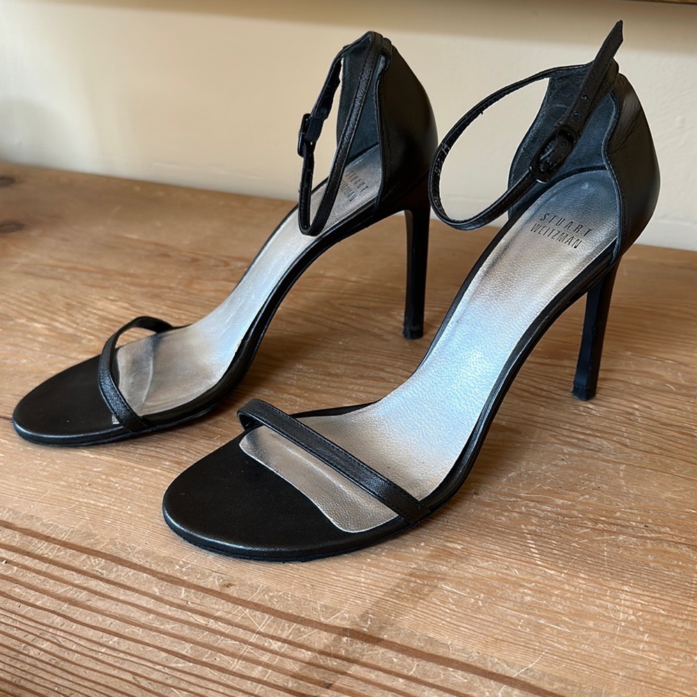 Stuart Weitzman Nudistsong Black Strap Sandal Heels